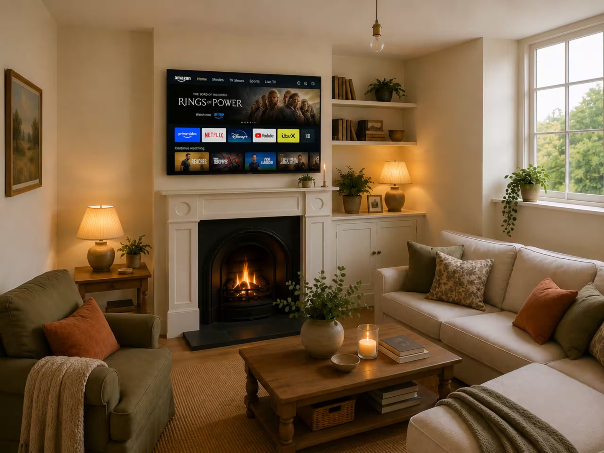 Warm sitting room with fireplace at Summerfield Lodge